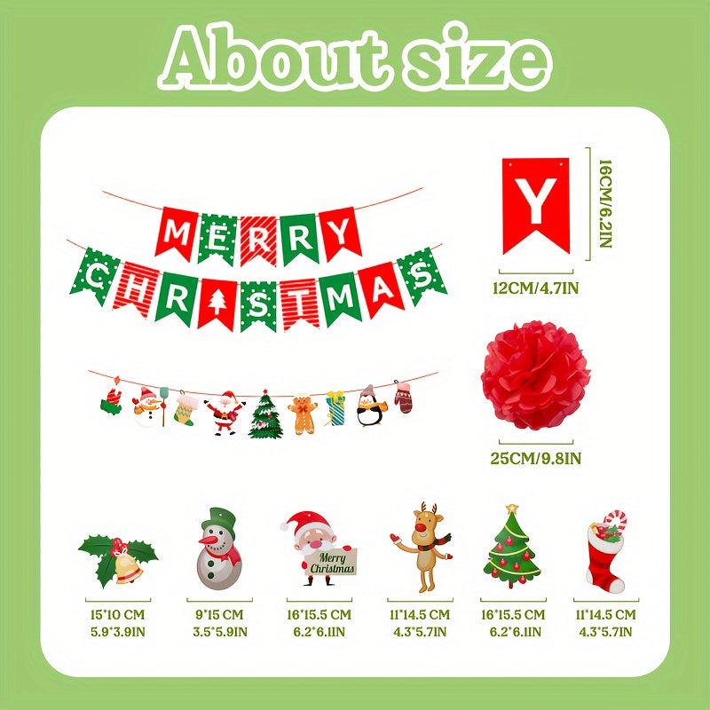 33pcs Christmas Party Decoration Set Happy Christmas Banners Garland Swirls Poms