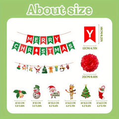 33pcs Christmas Party Decoration Set Happy Christmas Banners Garland Swirls Poms