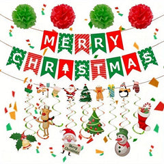 33pcs Christmas Party Decoration Set Happy Christmas Banners Garland Swirls Poms