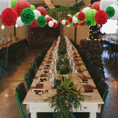 15pcs Green Red Paper Flower Pompom Balls And Paper Lanterns