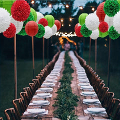 15pcs Green Red Paper Flower Pompom Balls And Paper Lanterns