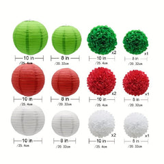 15pcs Green Red Paper Flower Pompom Balls And Paper Lanterns