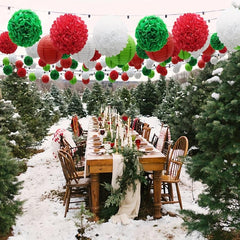 15pcs Green Red Paper Flower Pompom Balls And Paper Lanterns