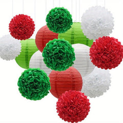 15pcs Green Red Paper Flower Pompom Balls And Paper Lanterns