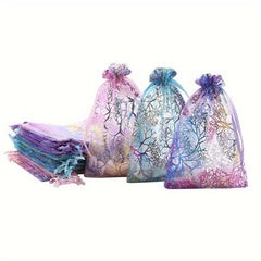 10pcs Bronzing Coral Pattern Gauze Gift Bag with Drawstring - Jewelry Packaging