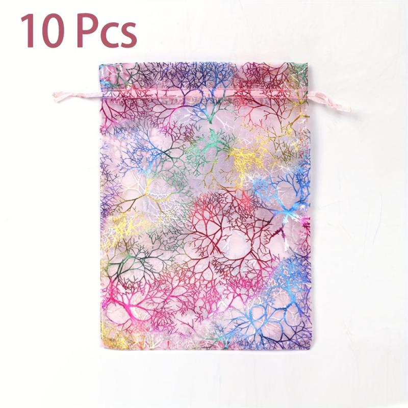10pcs Bronzing Coral Pattern Gauze Gift Bag with Drawstring - Jewelry Packaging