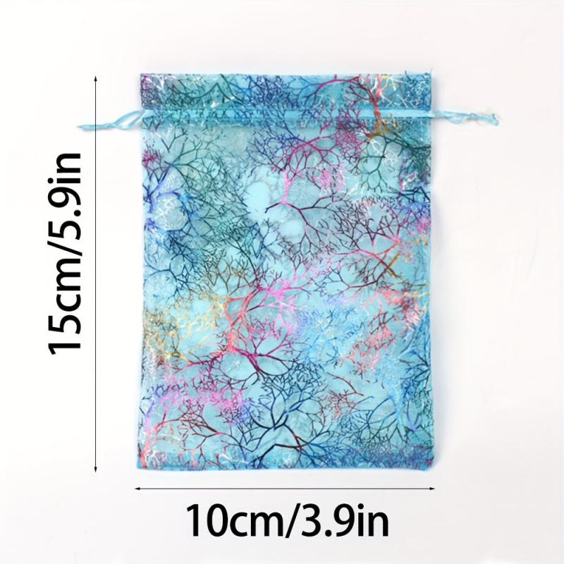 10pcs Bronzing Coral Pattern Gauze Gift Bag with Drawstring - Jewelry Packaging