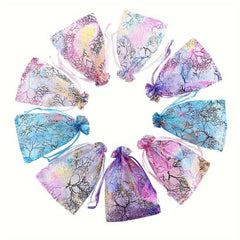 10pcs Bronzing Coral Pattern Gauze Gift Bag with Drawstring - Jewelry Packaging