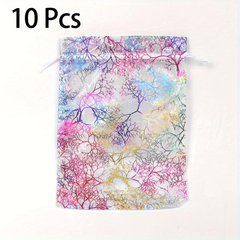 10pcs Bronzing Coral Pattern Gauze Gift Bag with Drawstring - Jewelry Packaging