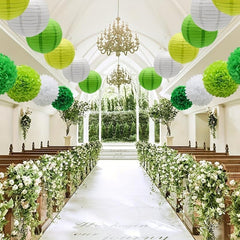 15pcs Green Paper Flower Pompom Balls And Lanterns Set