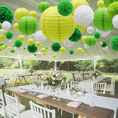 15pcs Green Paper Flower Pompom Balls And Lanterns Set