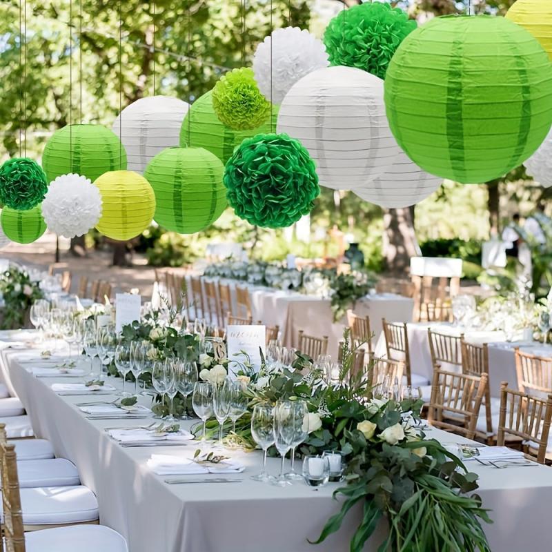 15pcs Green Paper Flower Pompom Balls And Lanterns Set
