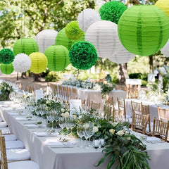 15pcs Green Paper Flower Pompom Balls And Lanterns Set