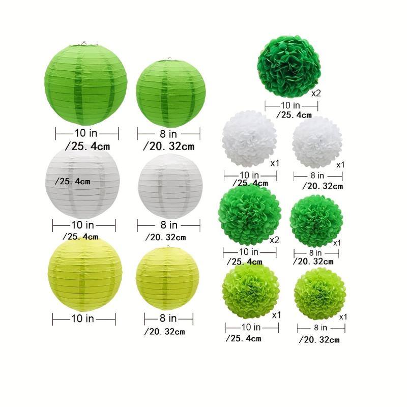 15pcs Green Paper Flower Pompom Balls And Lanterns Set