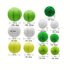 15pcs Green Paper Flower Pompom Balls And Lanterns Set