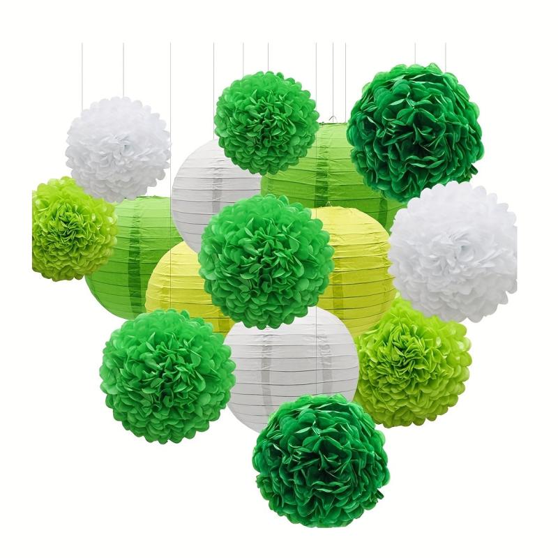 15pcs Green Paper Flower Pompom Balls And Lanterns Set