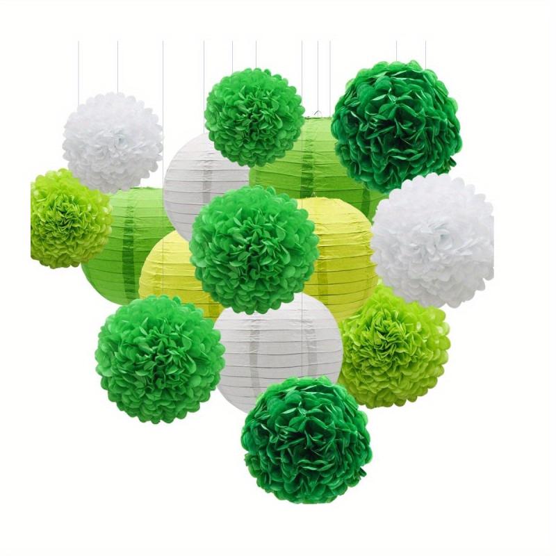 15pcs Green Paper Flower Pompom Balls And Lanterns Set