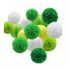 15pcs Green Paper Flower Pompom Balls And Lanterns Set