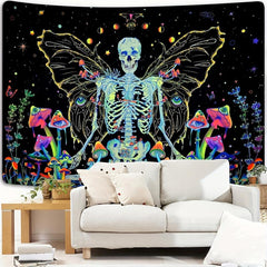 Blacklight Skull Tapestry UV Reactive Space Skeleton Moth Tapestry