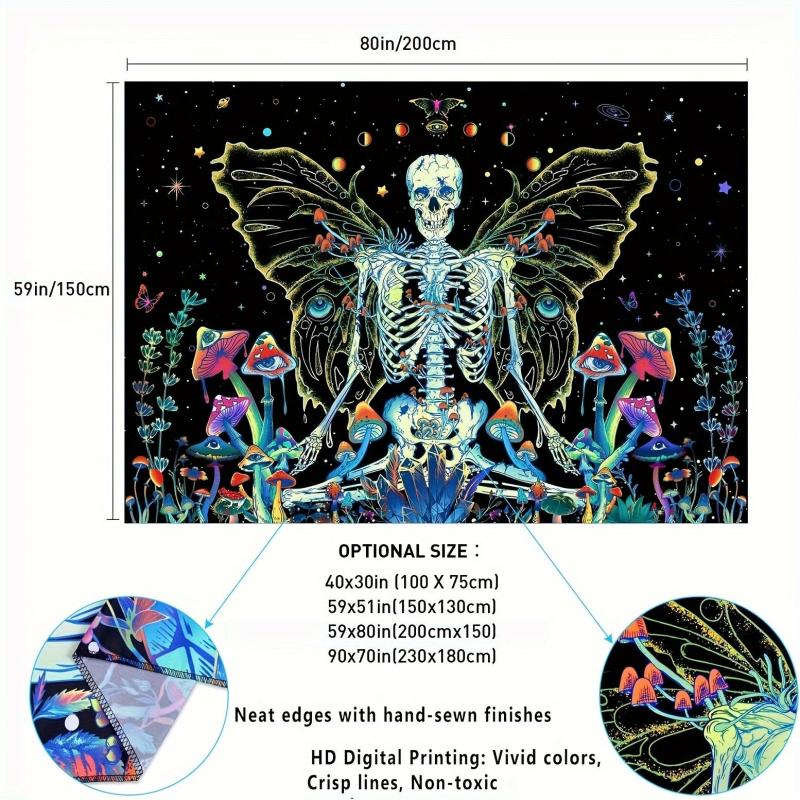 Blacklight Skull Tapestry UV Reactive Space Skeleton Moth Tapestry