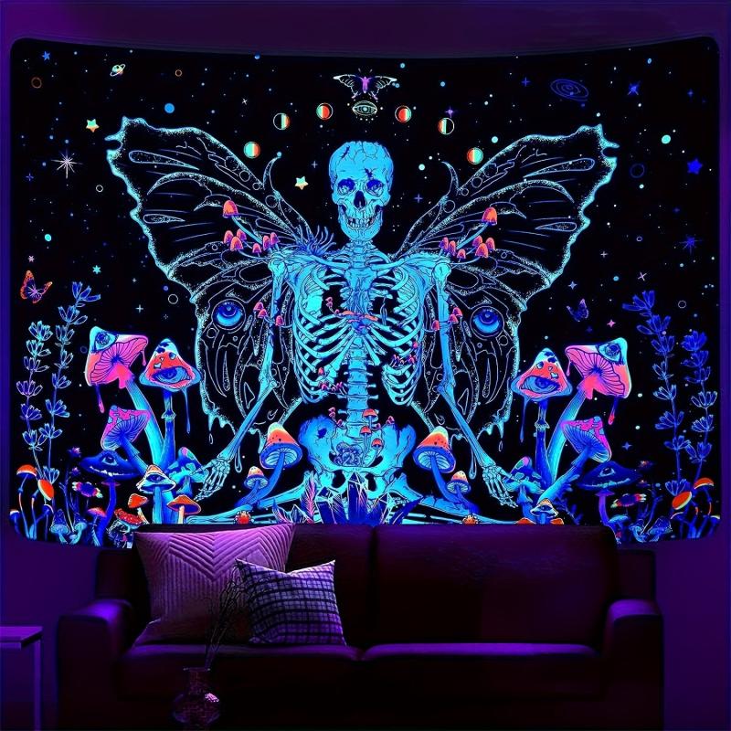 Blacklight Skull Tapestry UV Reactive Space Skeleton Moth Tapestry