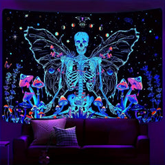 Blacklight Skull Tapestry UV Reactive Space Skeleton Moth Tapestry