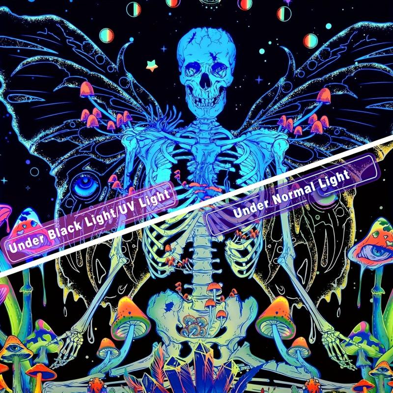 Blacklight Skull Tapestry UV Reactive Space Skeleton Moth Tapestry