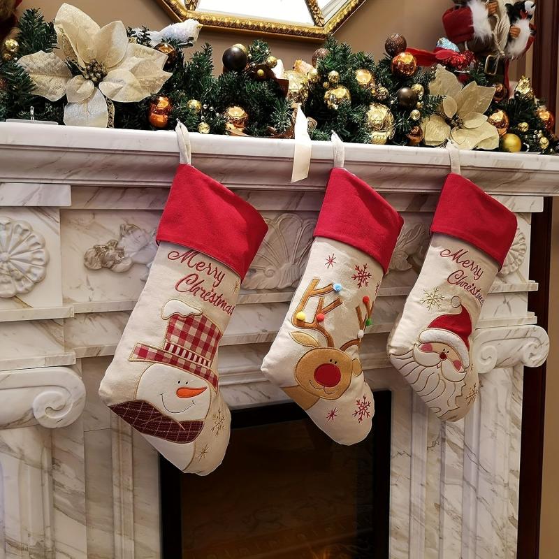 3pcs Retro Christmas Stocking Set Santa Claus Snowman Reindeer Large Stocking