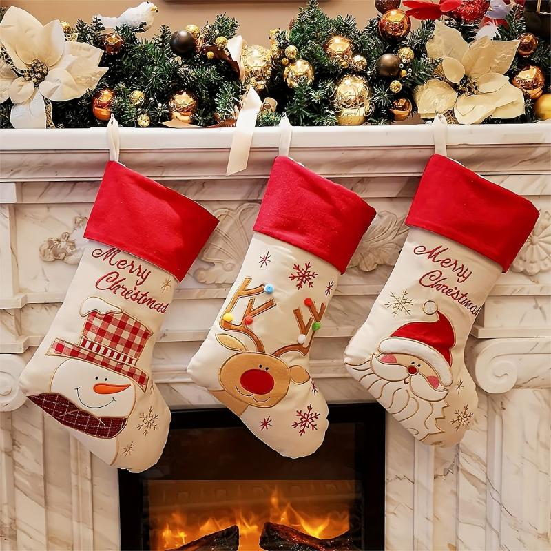 3pcs Retro Christmas Stocking Set Santa Claus Snowman Reindeer Large Stocking