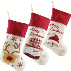 3pcs Retro Christmas Stocking Set Santa Claus Snowman Reindeer Large Stocking