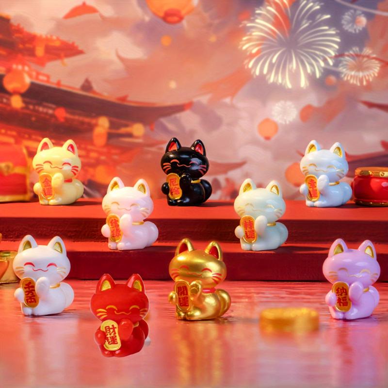 9pcs Spring Fortune Cat Figurines Good Luck Decoration