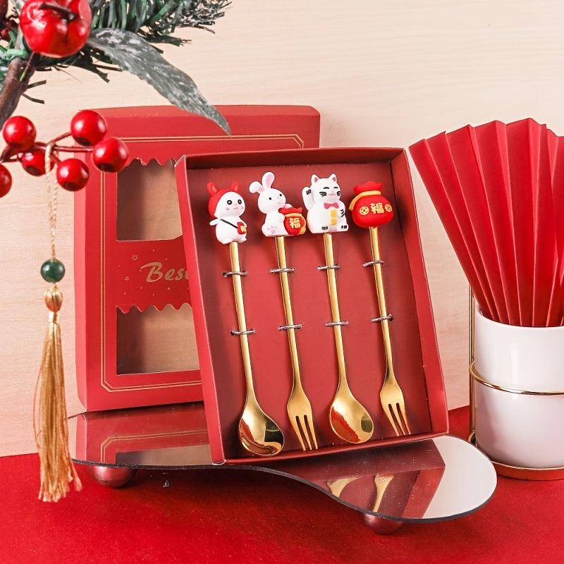 4pcs Easter Rabbit Spoon Fork Set Stainless Steel Coffee Spoon Gift Decoration