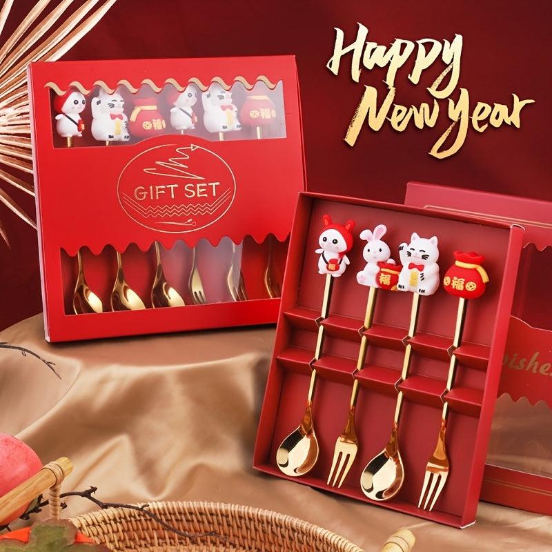 4pcs Easter Rabbit Spoon Fork Set Stainless Steel Coffee Spoon Gift Decoration