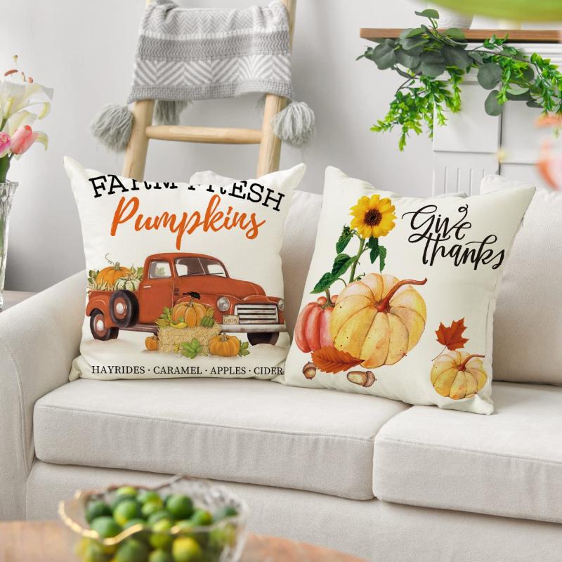 Thanksgiving Pillow Cover Sofa Cushion Linen Maple Leaf Pumpkin Pillowcase