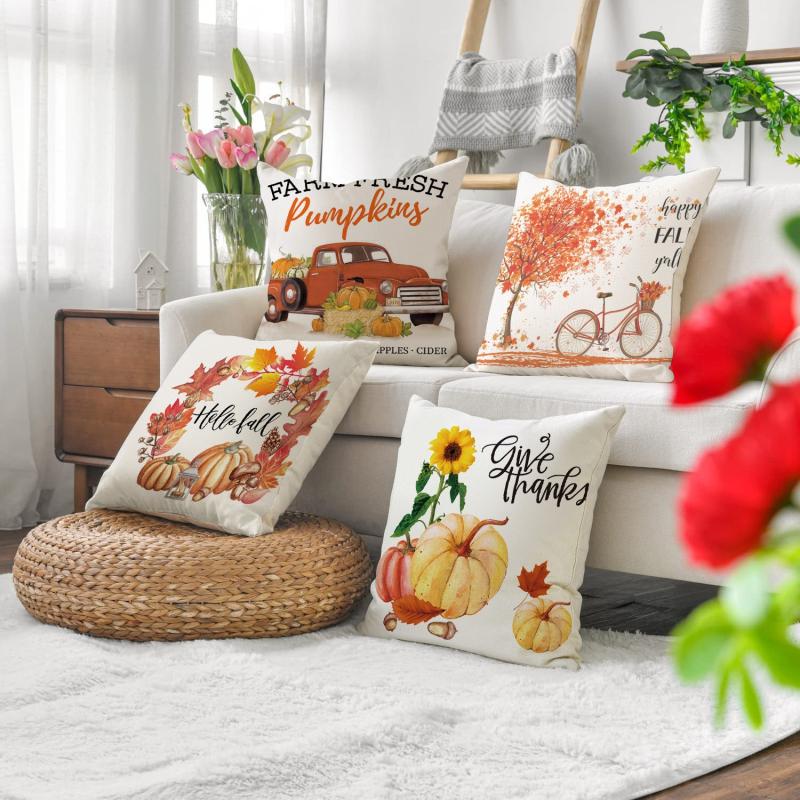 Thanksgiving Pillow Cover Sofa Cushion Linen Maple Leaf Pumpkin Pillowcase