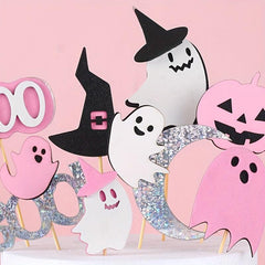 18pcs Pink Halloween Cake Toppers with Ghosts and Monsters