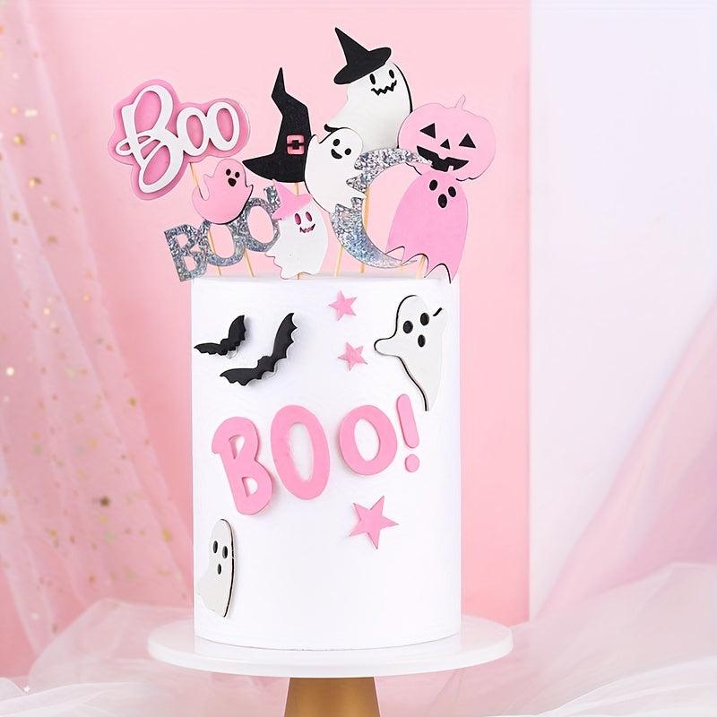 18pcs Pink Halloween Cake Toppers with Ghosts and Monsters