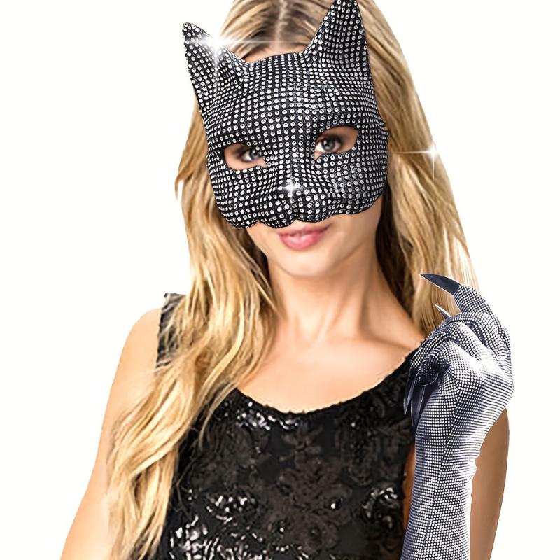 Artificial Diamond Cat Mask Gloves Set Cosplay Prom Christmas Party