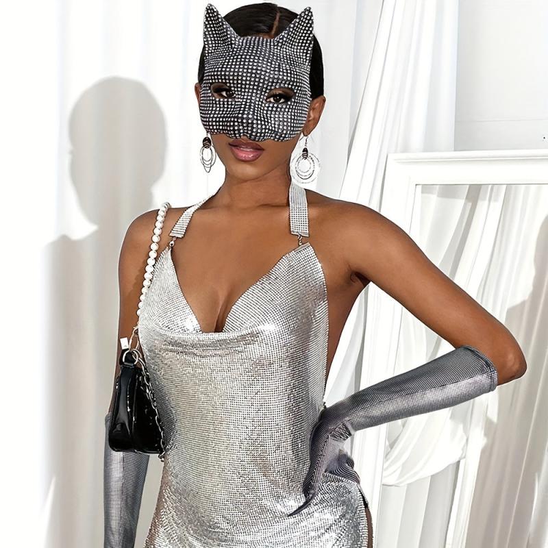 Artificial Diamond Cat Mask Gloves Set Cosplay Prom Christmas Party
