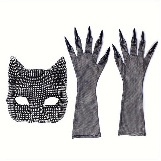 Artificial Diamond Cat Mask Gloves Set Cosplay Prom Christmas Party