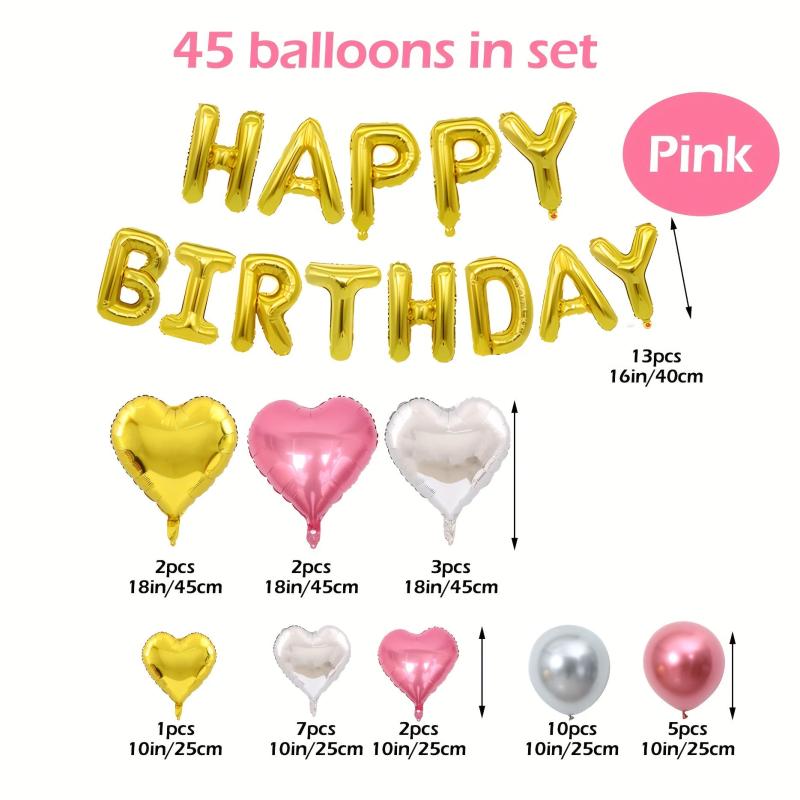 45pcs Silvery Happy Birthday Balloon Set Pink Golden 45 72 Cm Love Balloon