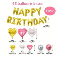 45pcs Silvery Happy Birthday Balloon Set Pink Golden 45 72 Cm Love Balloon