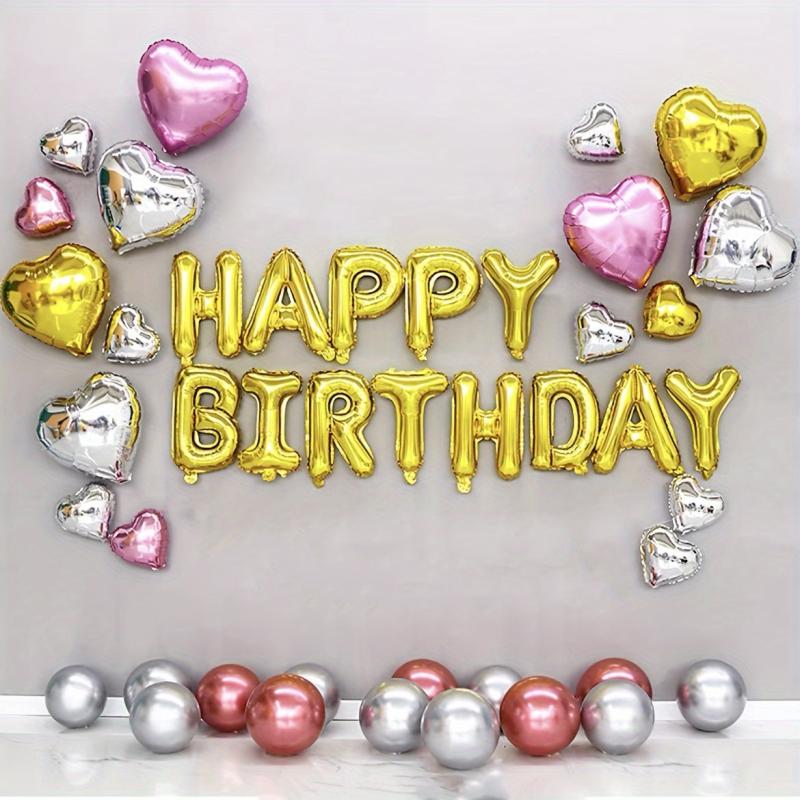 45pcs Silvery Happy Birthday Balloon Set Pink Golden 45 72 Cm Love Balloon