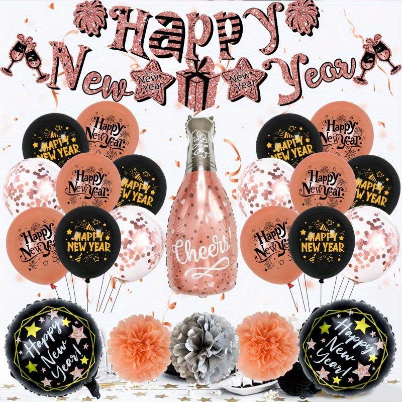 24pcs Year Balloon Set Year Banner Round Latex Balloons Year Party Decoration