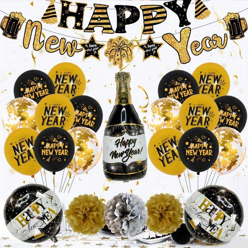 24pcs Year Balloon Set Year Banner Round Latex Balloons Year Party Decoration