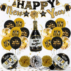 24pcs Year Balloon Set Year Banner Round Latex Balloons Year Party Decoration