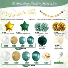 53pcs Birthday Balloon Arch Green Golden Party Decor For Boys Girls