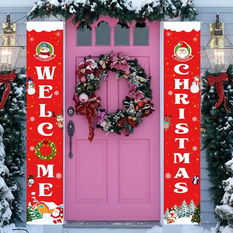 Christmas Door Banner Merry Christmas Santa Snowman Porch Sign
