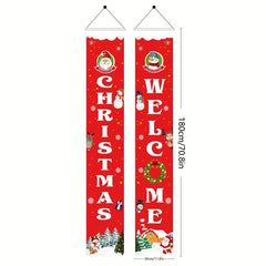 Christmas Door Banner Merry Christmas Santa Snowman Porch Sign