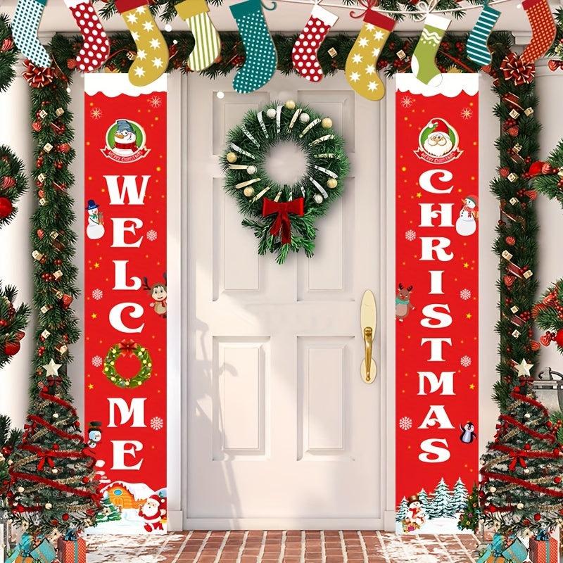 Christmas Door Banner Merry Christmas Santa Snowman Porch Sign